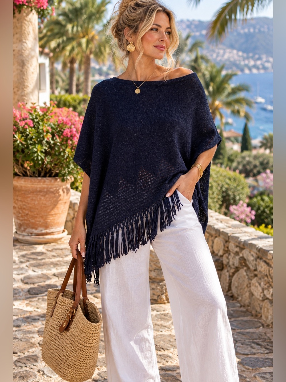 Lilly Pulitzer Navy Fringe Poncho Cruise Resort Luxe Palm Beach Princess One SZ